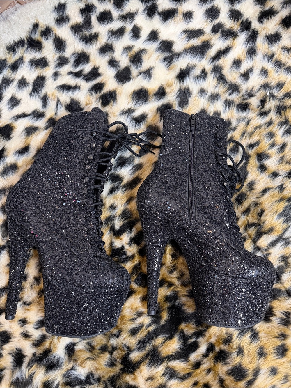 Pleaser Black Glitter Lace-Up Platform Ankle Boots
